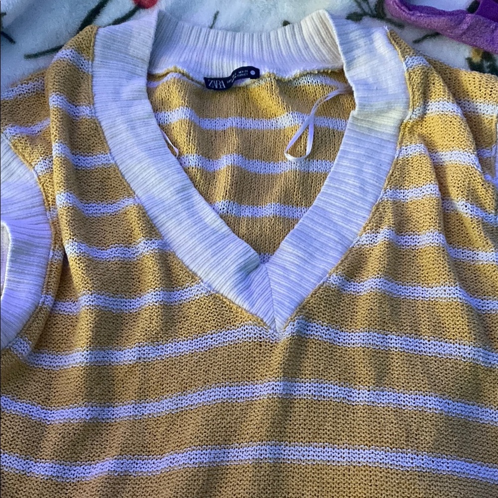Zara Mustard and Cream V-Neck Sweater